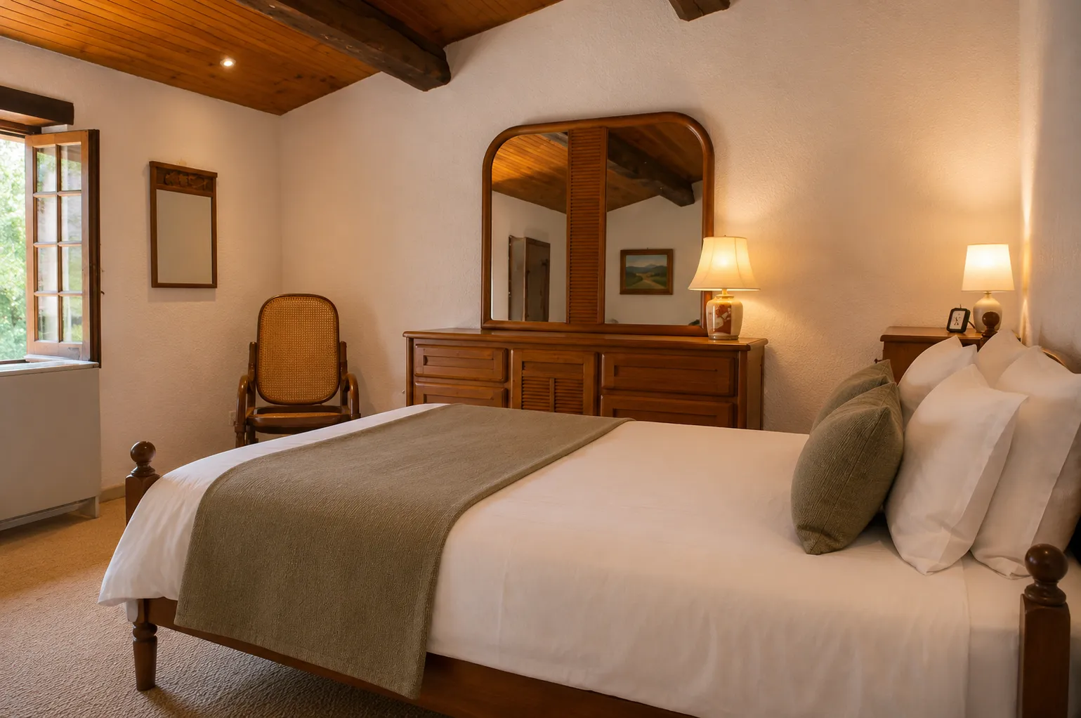 Contemporary terracotta bedroom, burnt orange textured walls, burnt orange walls, platform bed, terracotta and beige bed linen, textured bedspread, black table lamp and wood.