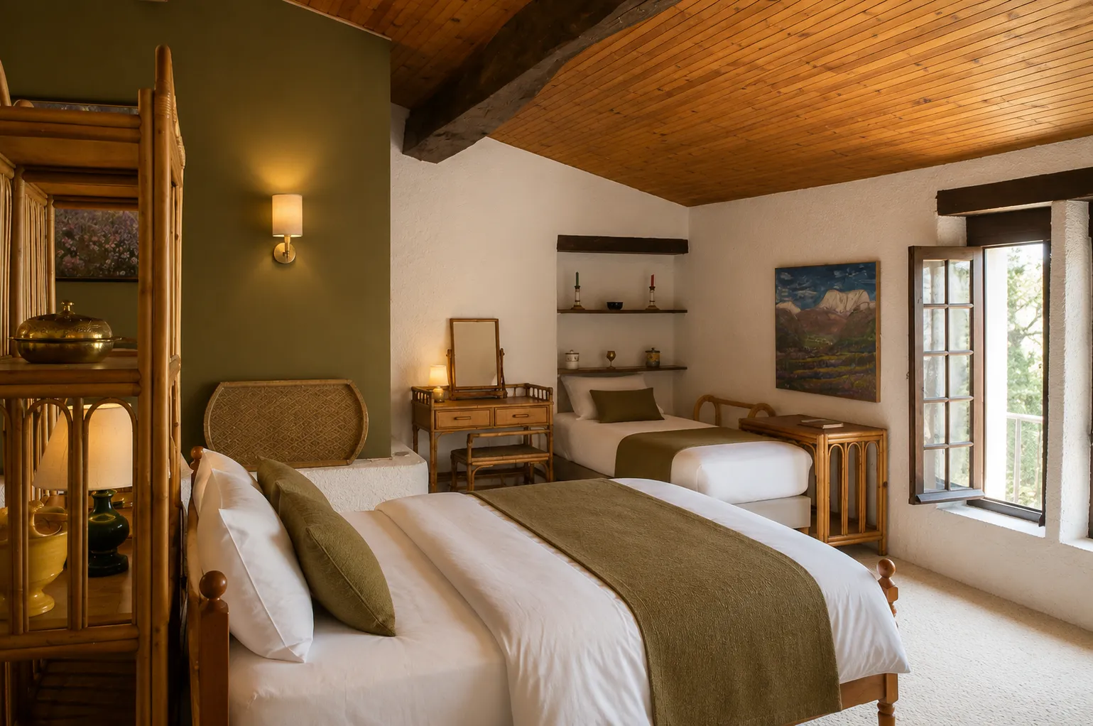 Room in rustic cottage design, French country style, white decor, recycled wood furniture, simple aesthetics