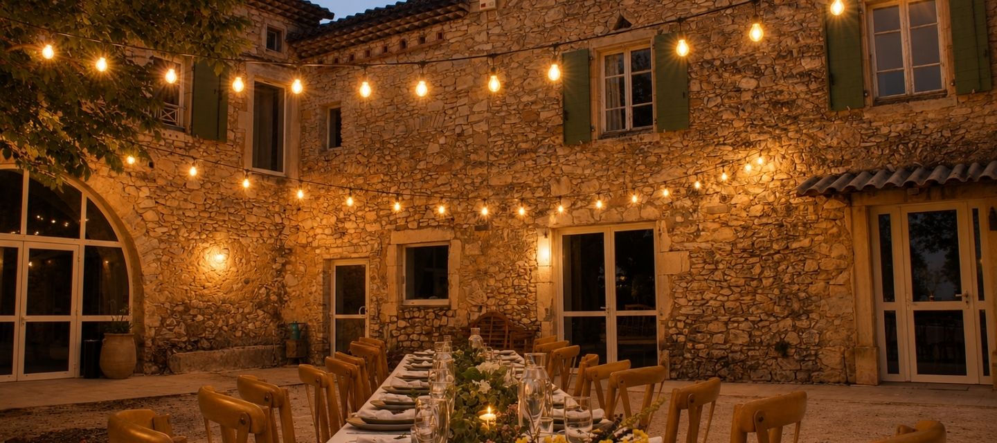 Entrée du Domaine de la Vivande la nuit, mas provençal en pierre illuminé, jardin d'accueil éclairé, fontaine circulaire et massifs de lavande, pots de plantes, guirlandes lumineuses, ambiance élégante et chaude