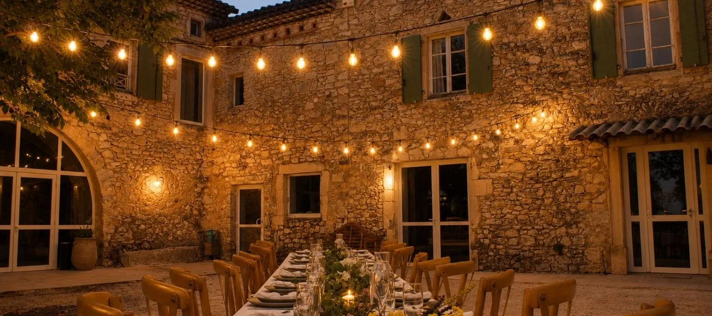 Entrée du Domaine de la Vivande la nuit, mas provençal en pierre illuminé, jardin d'accueil éclairé, fontaine circulaire et massifs de lavande, pots de plantes, guirlandes lumineuses, ambiance élégante et chaude