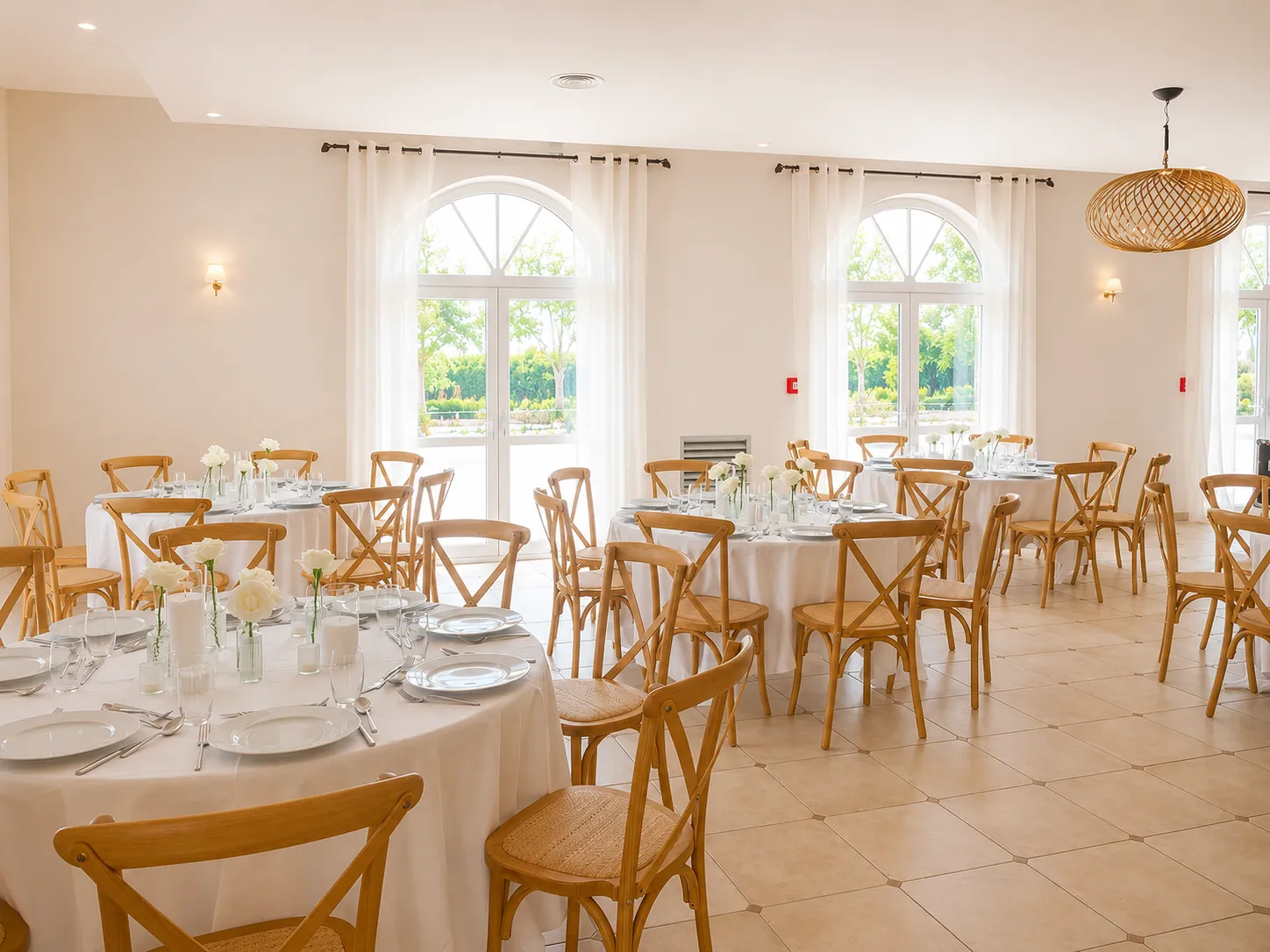 Espace dîner plein air, tables rondes dressées avec nappes blanches, guirlandes lumineuses suspendues au-dessus d'un grand arbre et de la terrasse de la bastide
