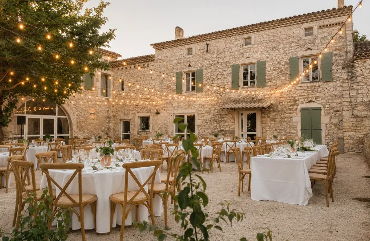 Provençal terrace and facade of a stone farmhouse, rattan garden furniture with gray cushions, large terracotta pots filled with lavender, olive tree on the left, lawn and country landscape