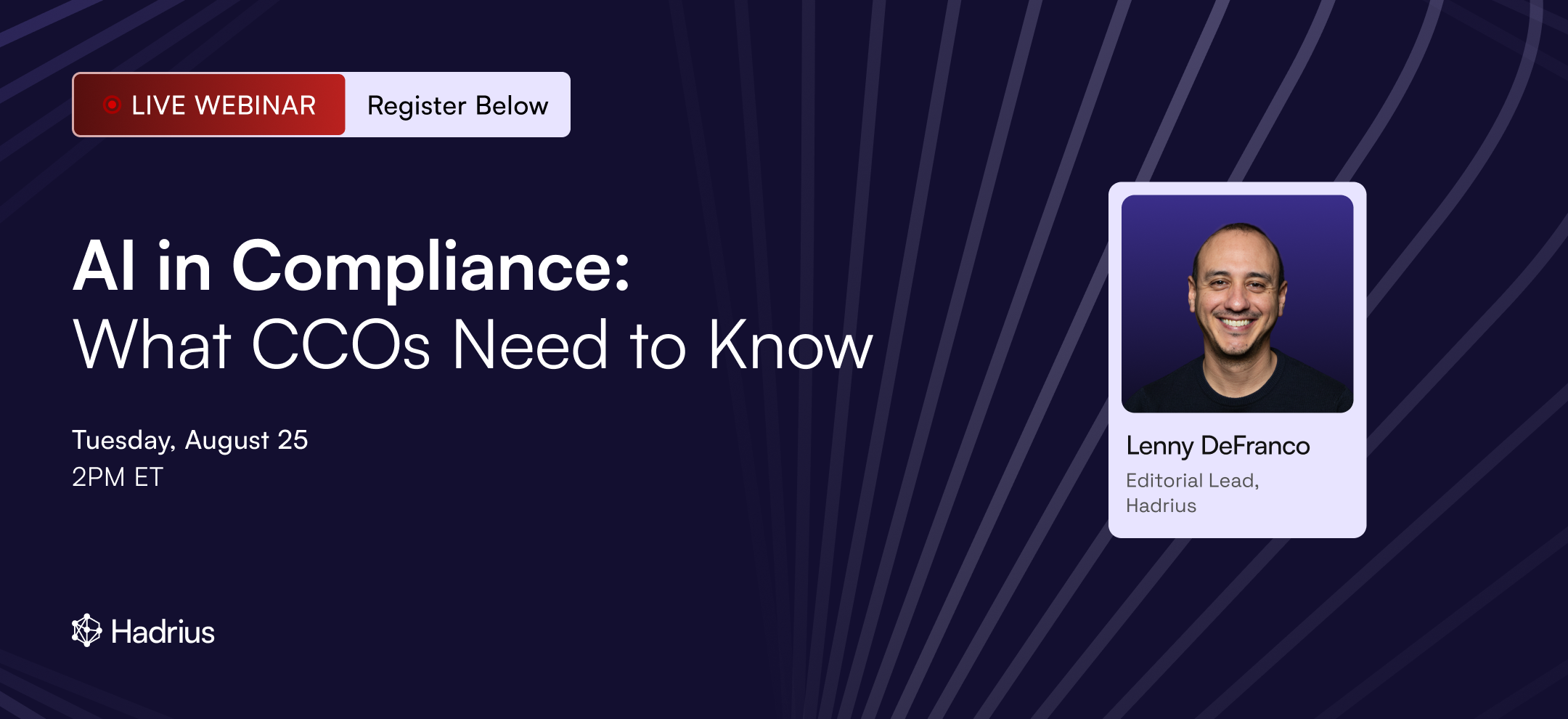 Live webinar titled 'You’re Archiving Risk: Why SMS-based Compliance Is Becoming A Liability' with six speakers' headshots and names, scheduled for Thursday, April 23, 12PM to 12:45PM ET.