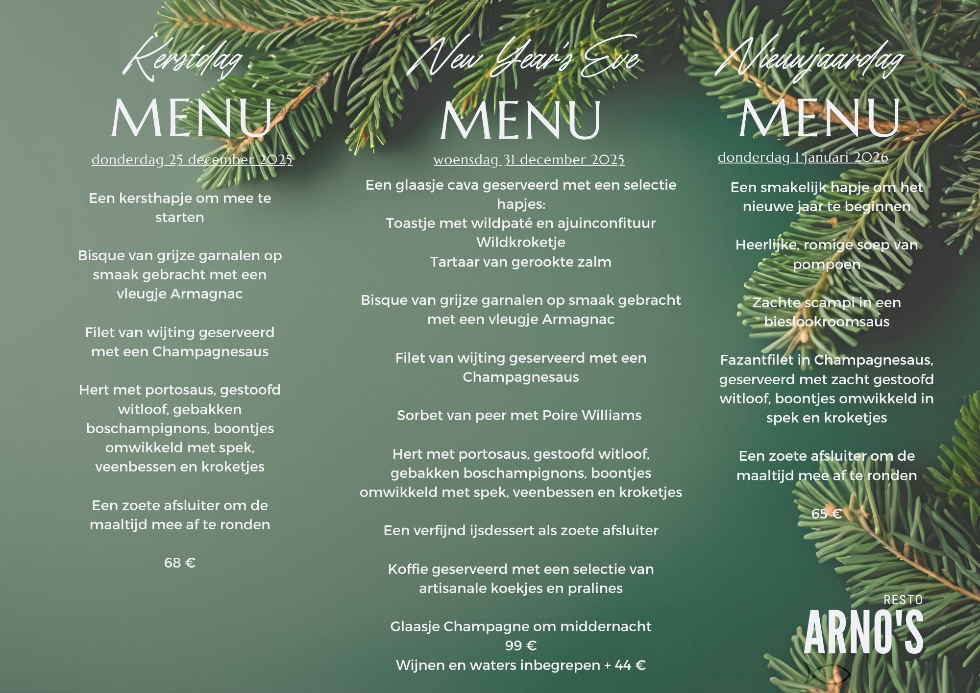 Holiday menus for Christmas, New Year's Eve, and New Year's Day listed over a green background with pine branches.