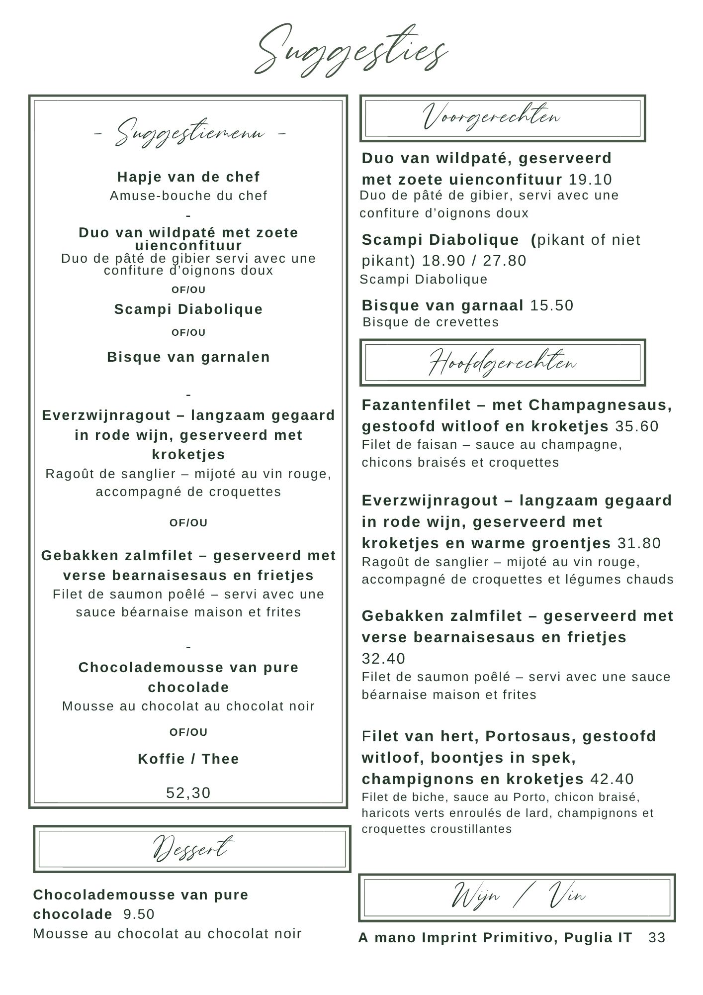 Restaurant menu titled 'Suggesties' featuring suggested dishes, starters, main courses, dessert, and wine with descriptions in Dutch and French, including items like wild pâté duo, scampi diabolique, pheasant fillet with champagne sauce, wild boar stew, and chocolate mousse.