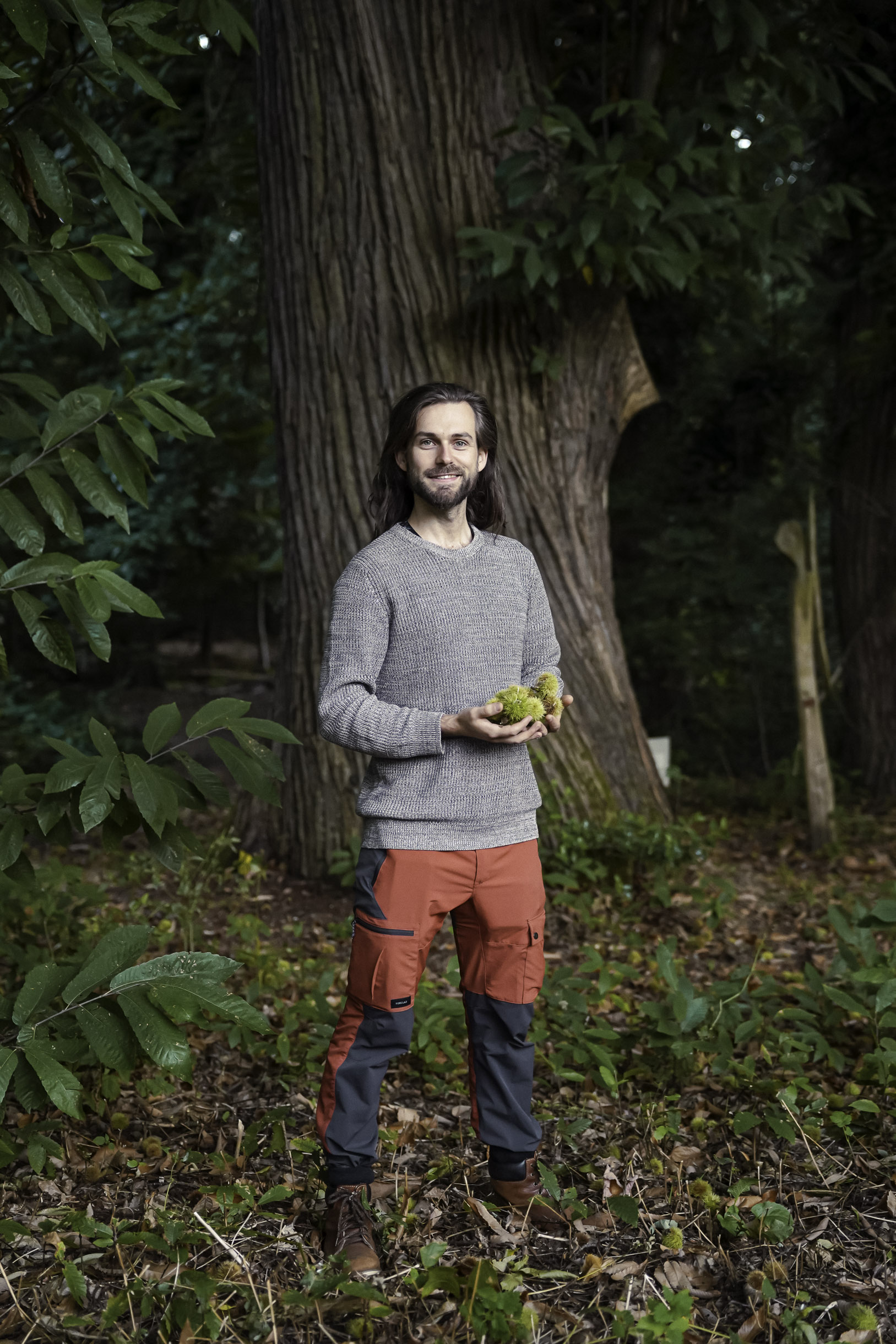 Man standing in a forest clearing holding chestnuts in their spiky husks, wearing a gray sweater and red and gray pants.