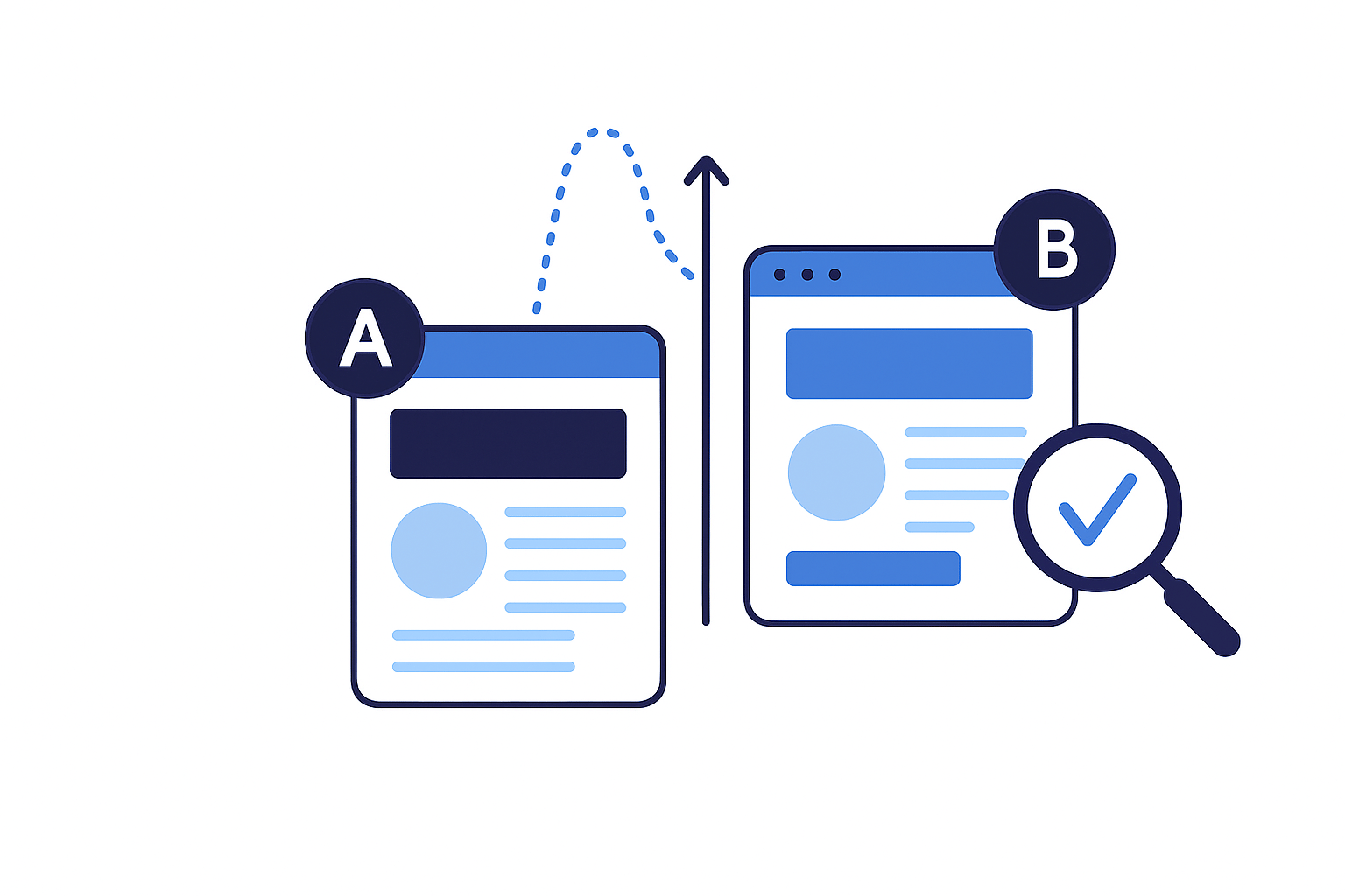 A B testing illustration for 2025 mobile app pricing experiments showing version A vs version B with improvement and validation checkmark