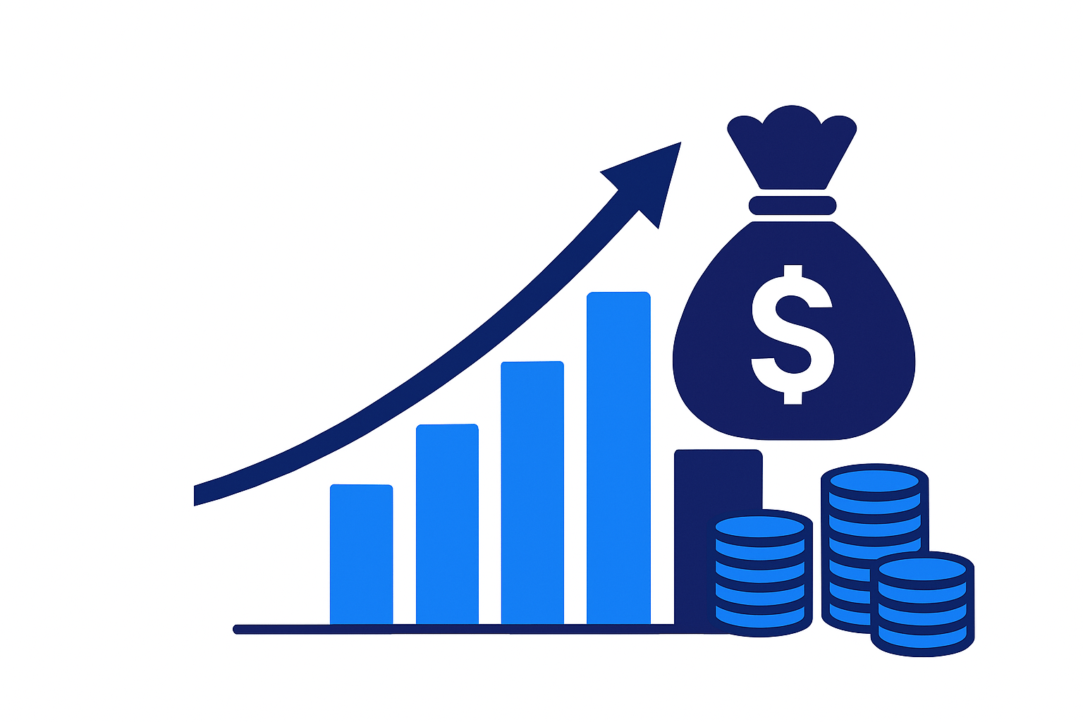 Revenue growth from 2025 mobile app pricing experiments illustrated with rising bar chart, upward arrow, money bag, and stacked coins