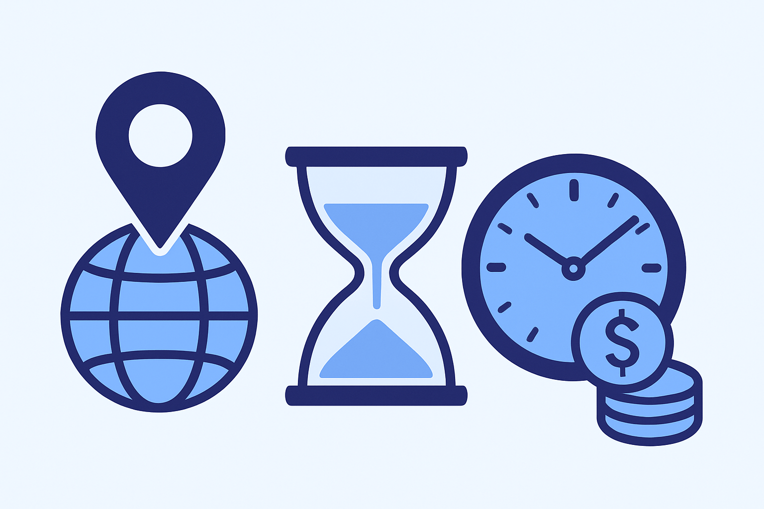 Key metrics in 2025 mobile app pricing experiments represented by global location for segmentation, hourglass for retention time, and clock with coins for revenue tracking
