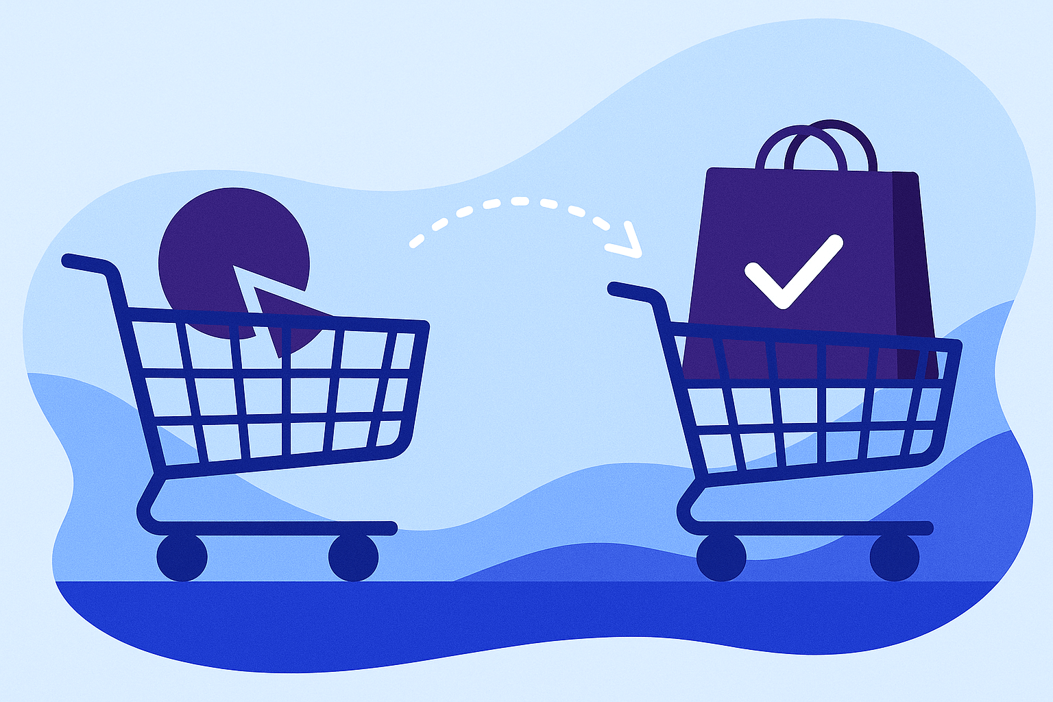 Conversion optimization in 2025 mobile app pricing experiments shown by shopping cart with pie chart transforming into completed purchase with shopping bag