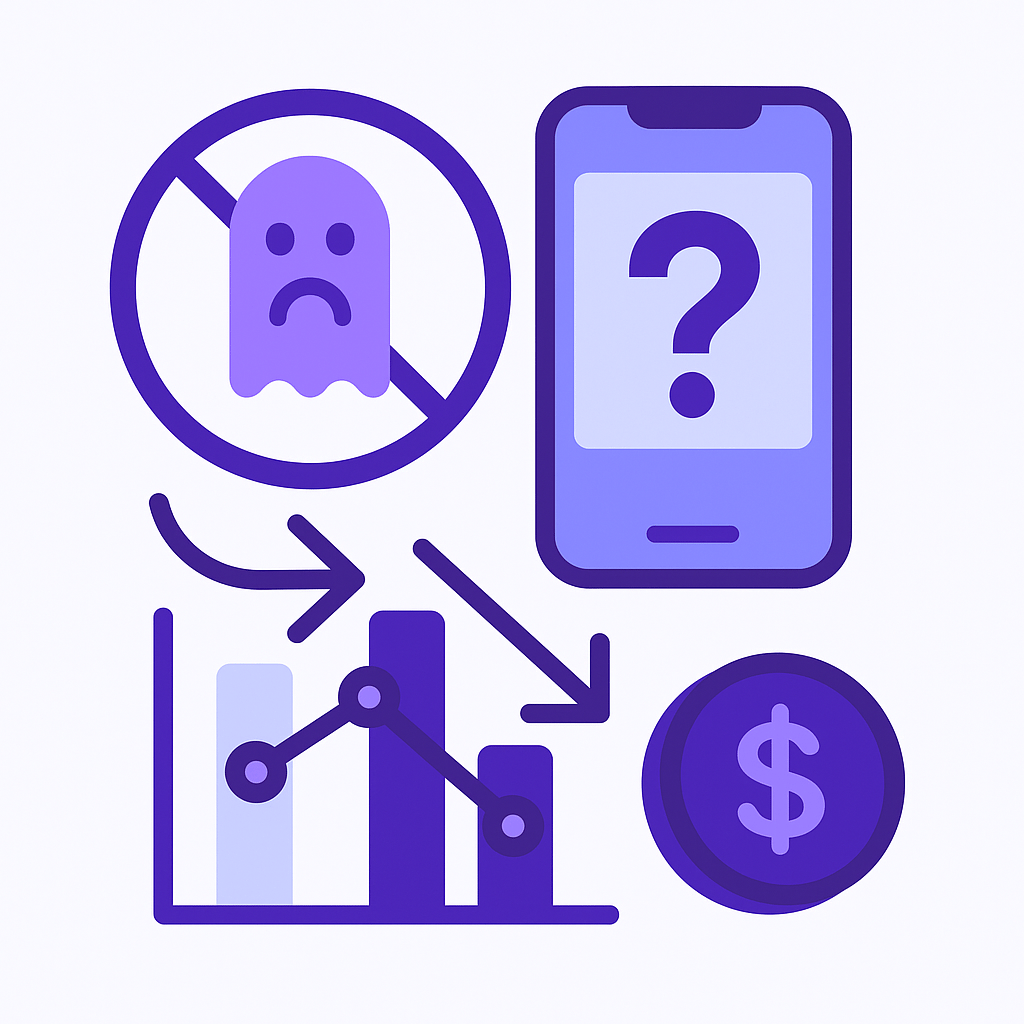 Illustration of app revenue risks with ghosting symbol, smartphone with question mark, declining chart, and dollar coin