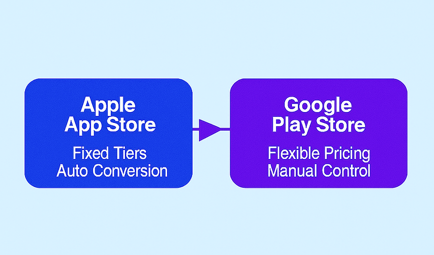 Comparison chart showing Apple App Store with fixed tiers and auto conversion versus Google Play Store with flexible pricing and manual control