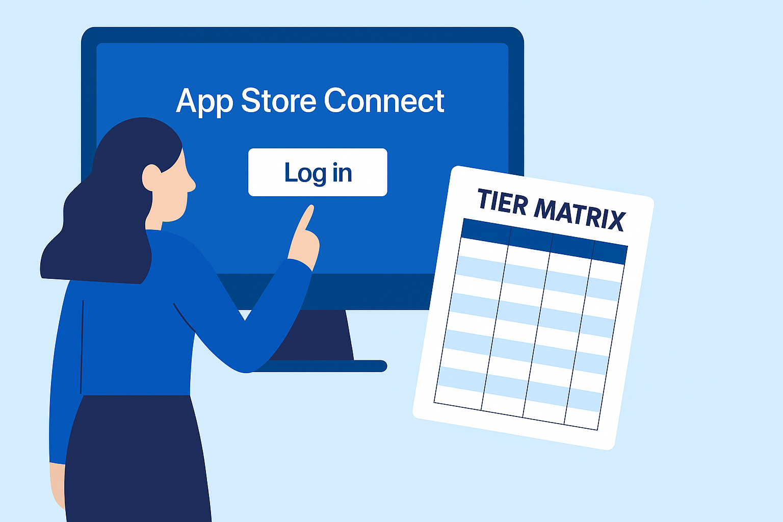 Illustration of a woman logging into App Store Connect on a computer screen, with a tier matrix pricing chart displayed beside her