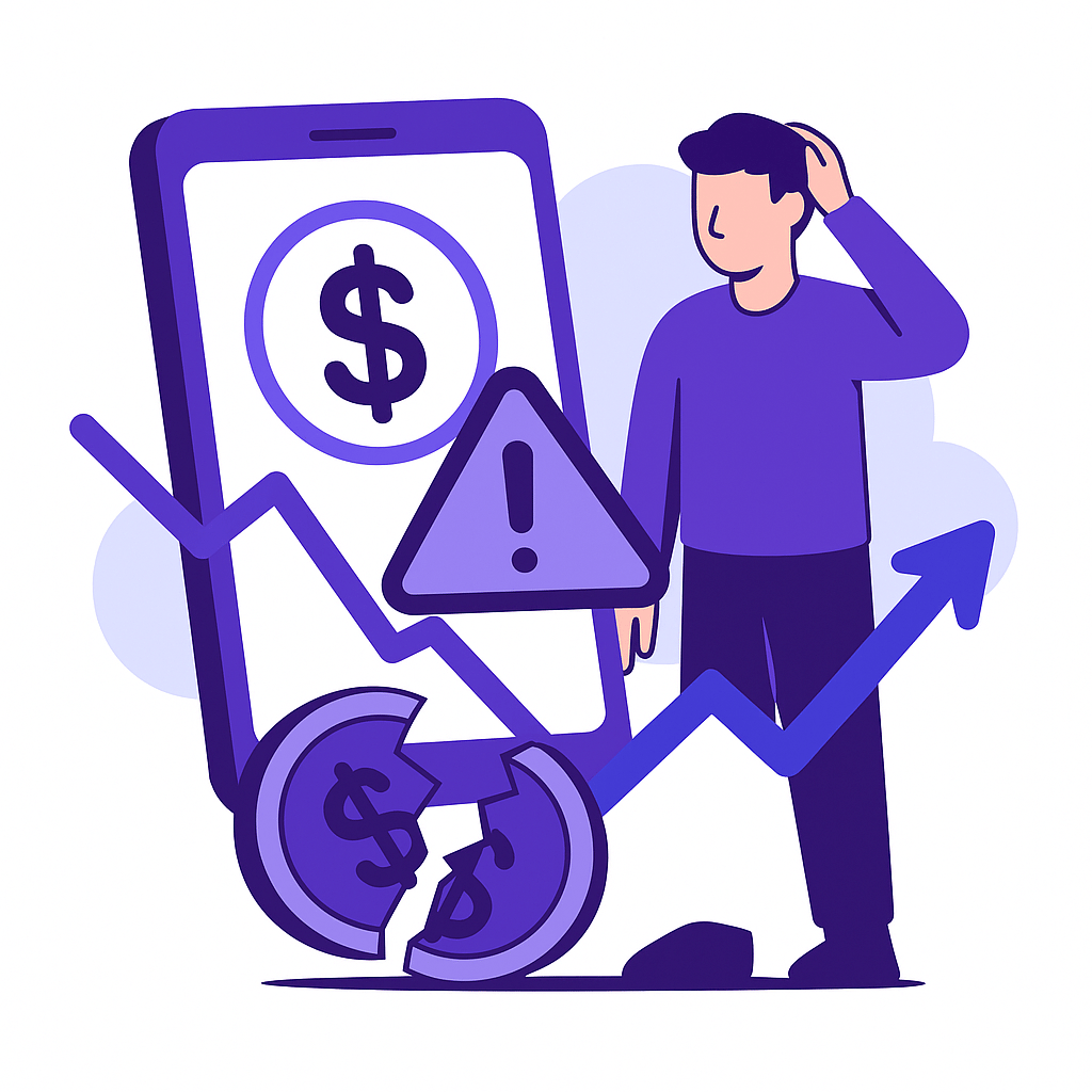 Illustration of a confused man standing next to a smartphone with a dollar symbol, broken coin, warning sign, and rising arrow, representing pricing mistakes or financial risk