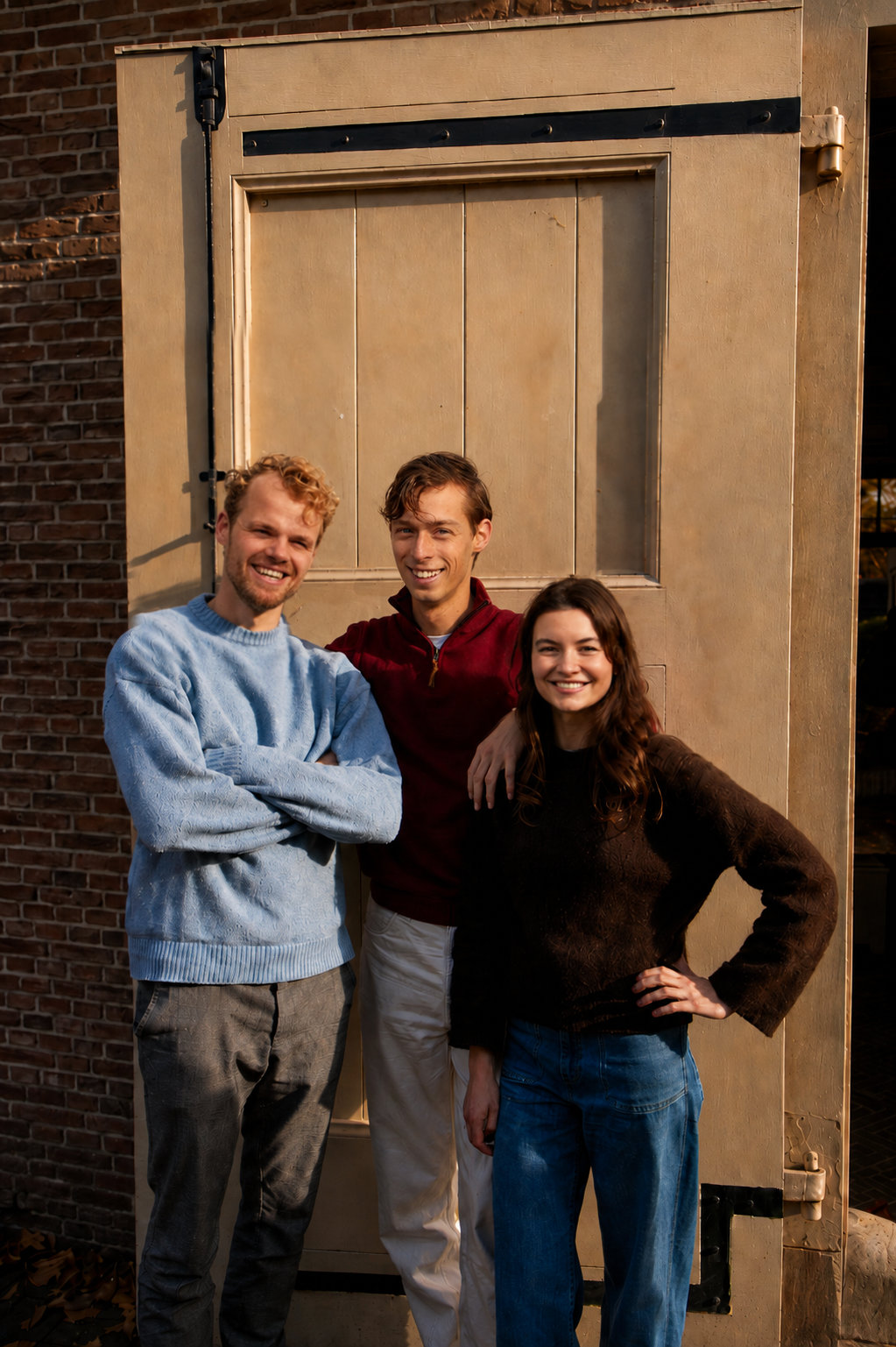 Three young adults smiling and posing in front of the office of Brainwave Consultancy, an AI consultancy and workshop company.