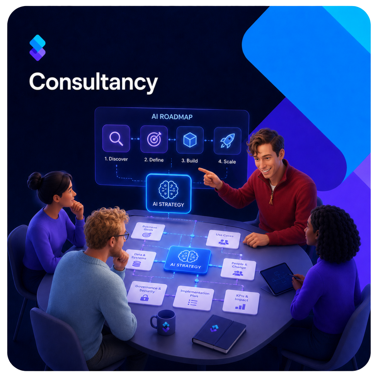 Four professionals sitting around a table discussing AI strategy and roadmap with digital icons and flowcharts displayed above and on the table.