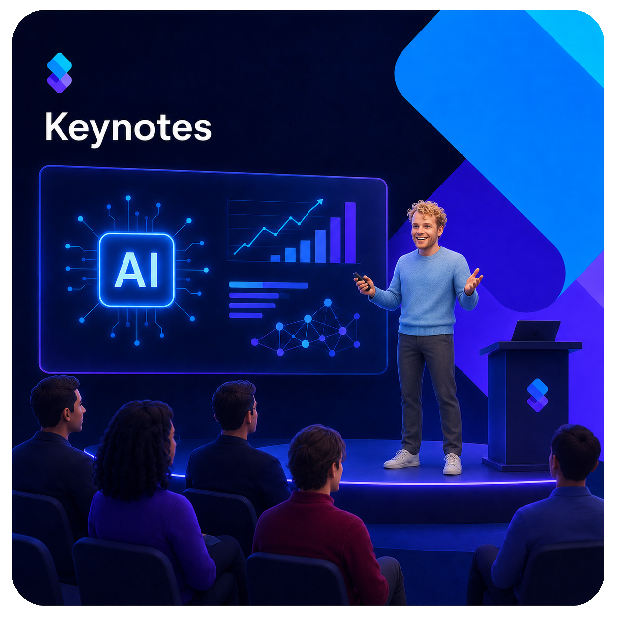 Presenter on stage giving a keynote about AI with graphs and data visuals on a large screen, audience seated in front.