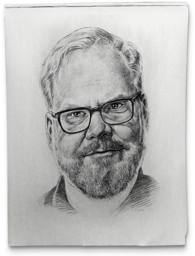 Jim Gaffigan charcoal portrait by Paul Zagorsky.