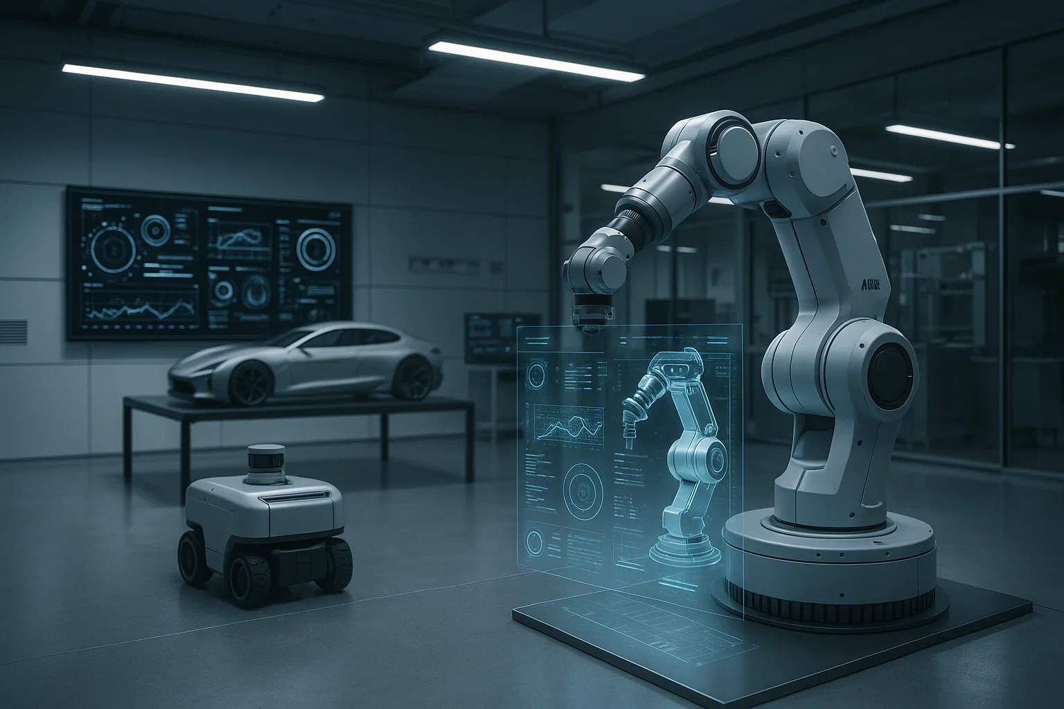 Robotic arm in a modern lab projecting a holographic interface with data, and a sports car model on a table in the background.