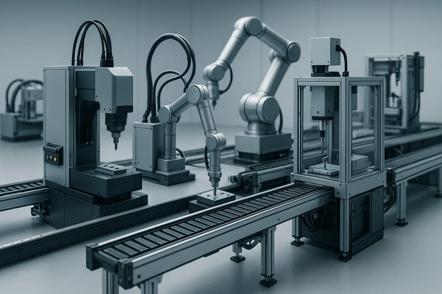 Automated industrial robotic arms working on a conveyor belt in a modern factory setting.