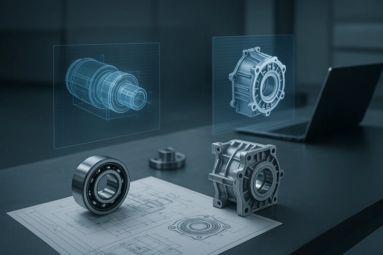 Metal mechanical parts with corresponding technical blueprints and 3D holographic CAD models on a dark desk with a laptop in the background.