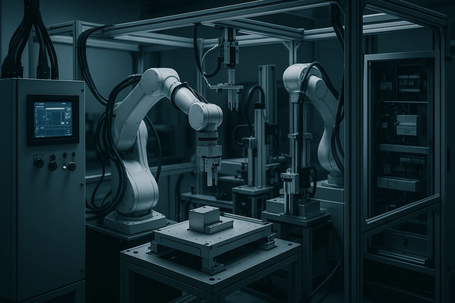 Automated robotic arms operating in a high-tech industrial manufacturing setup.