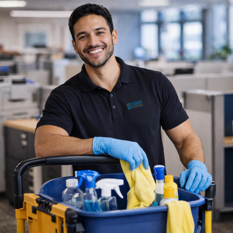 Smiling male cleaner wearing blue gloves standing behind a janitorial cart with cleaning supplies in an office.