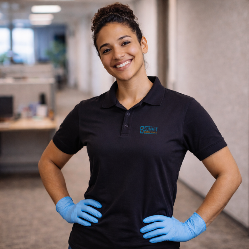 Smiling office cleaner wearing a black polo shirt with logo and blue gloves standing confidently in a modern office hallway.