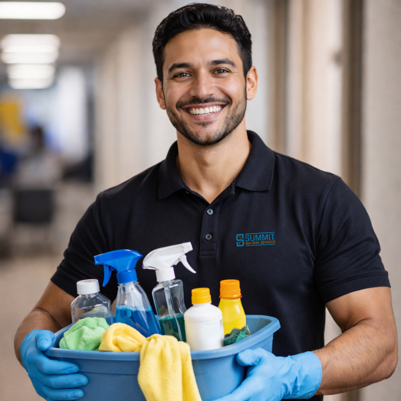 Smiling man wearing blue gloves holding a blue bin filled with cleaning supplies and cloths, dressed in a black Summit Building Services polo shirt.