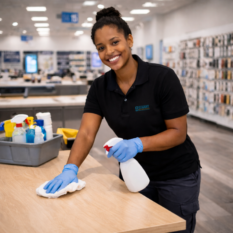 Smiling woman in blue gloves cleaning a wooden table with spray bottle and cloth in a retail store.