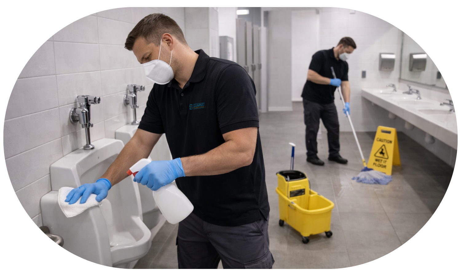 Two masked janitors wearing gloves cleaning a men's restroom, one disinfecting urinals and the other mopping the floor near a wet floor caution sign.