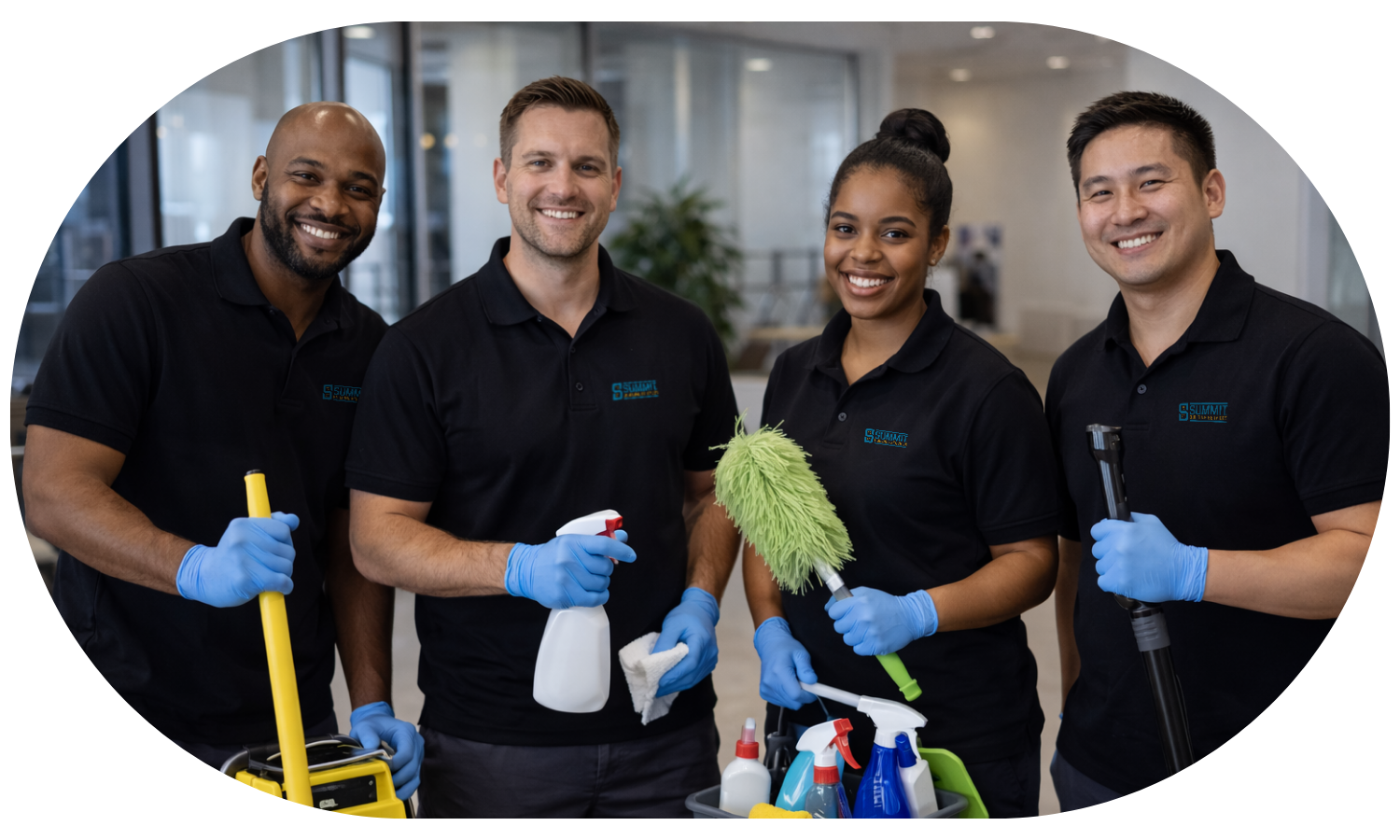 Smiling diverse cleaning team in black polo shirts holding cleaning supplies in a modern office setting.