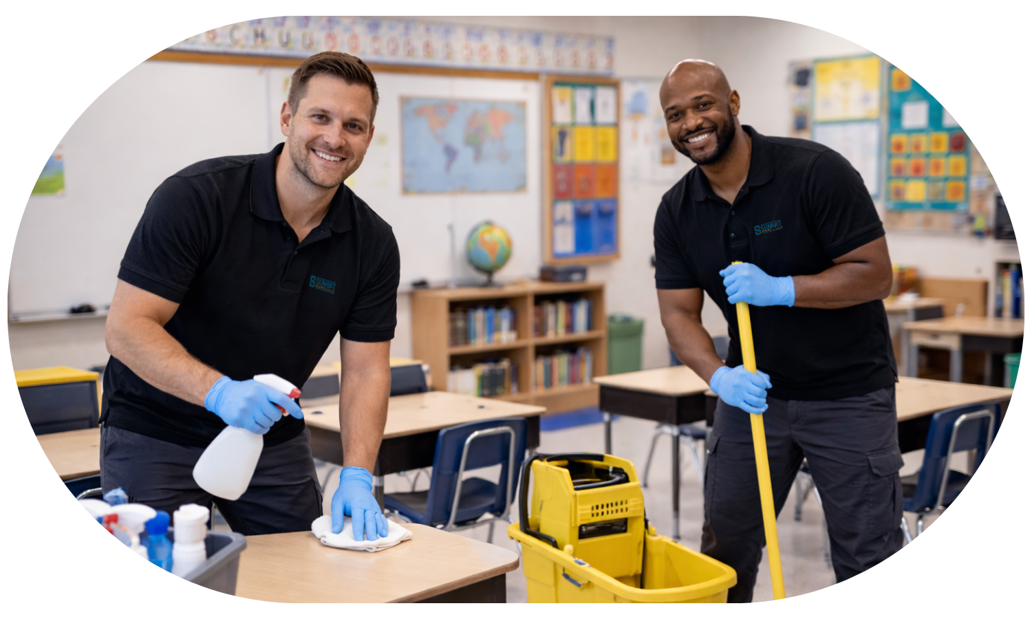 Two janitors in black shirts and blue gloves cleaning desks and mopping in a classroom.