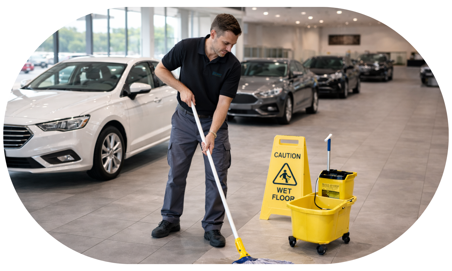 Man mopping tile floor near a yellow wet floor caution sign inside a car showroom.