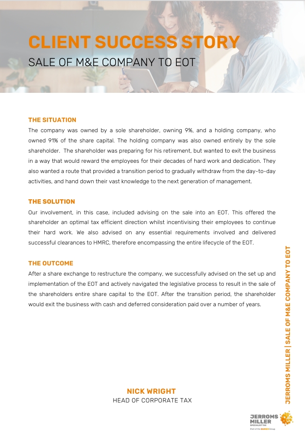 Sale of M&E Company to EOT