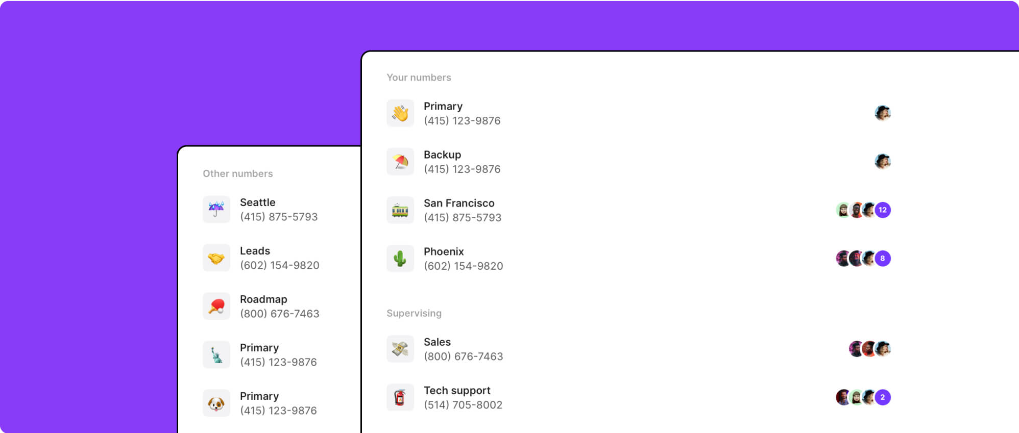 A purple screen with a list of phone numbers and names.