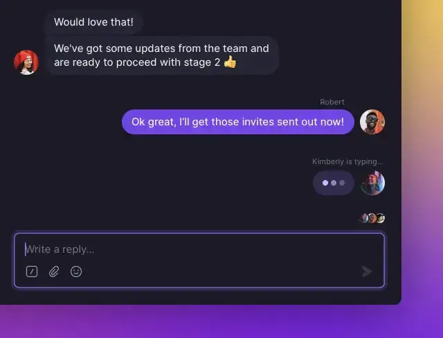 A purple screen with a chat box that says "ok great".