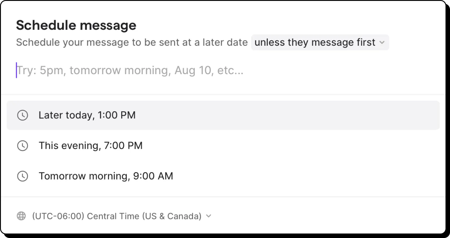 A screenshot of a calendar app with a message that says "Schedule message to send at a later date unless they message first".