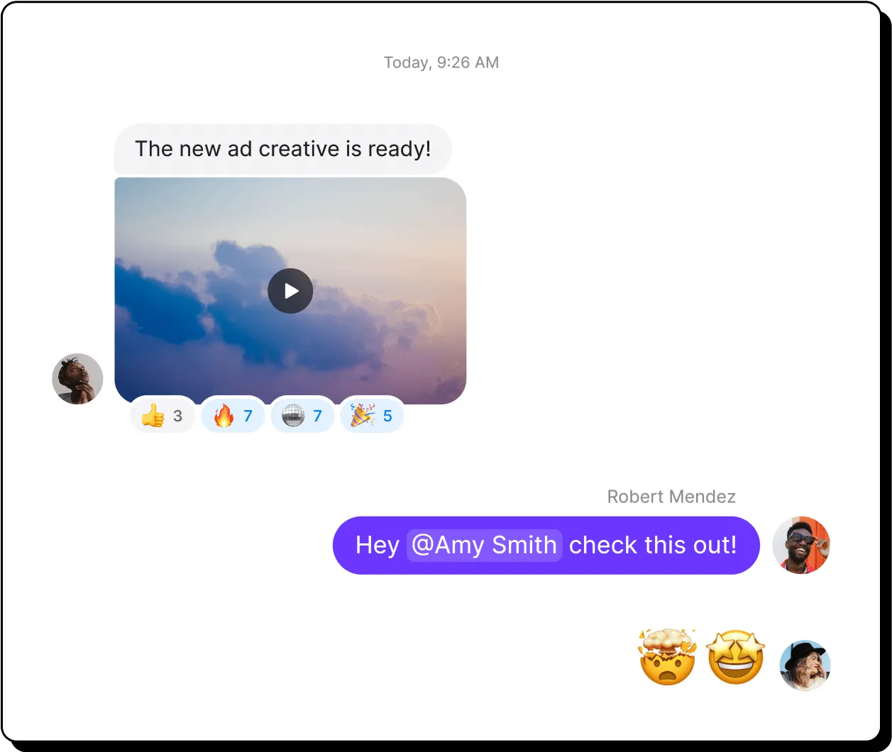 OpenPhone messaging - A purple and white chat box with a video and emojis.