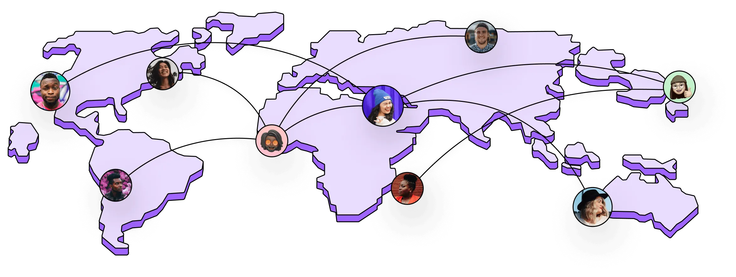 A purple and black map of the world with people on it.