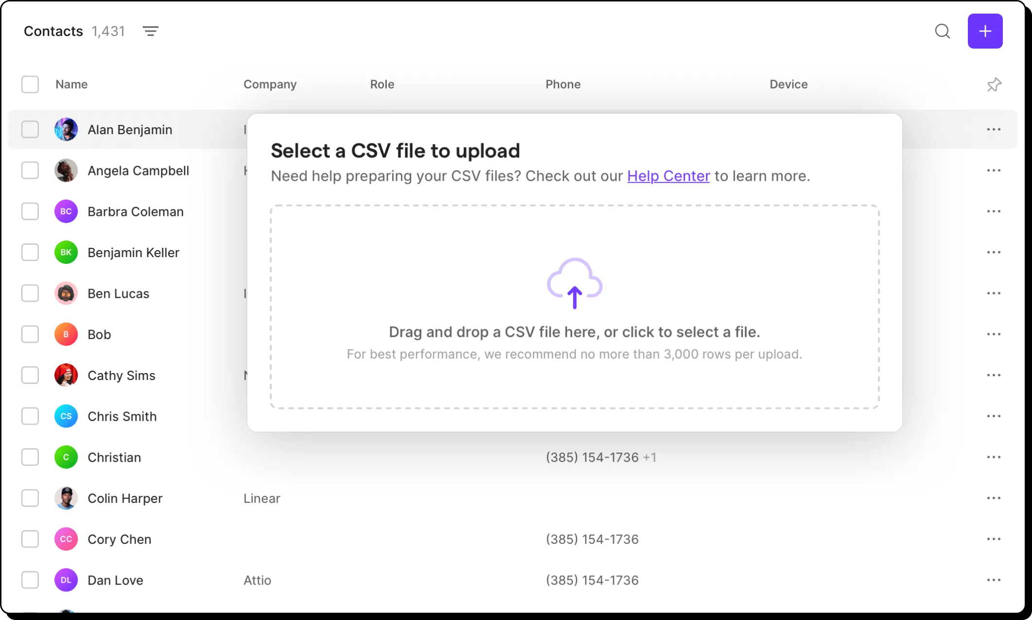 A screen with a button that says select a CSV file to upload.