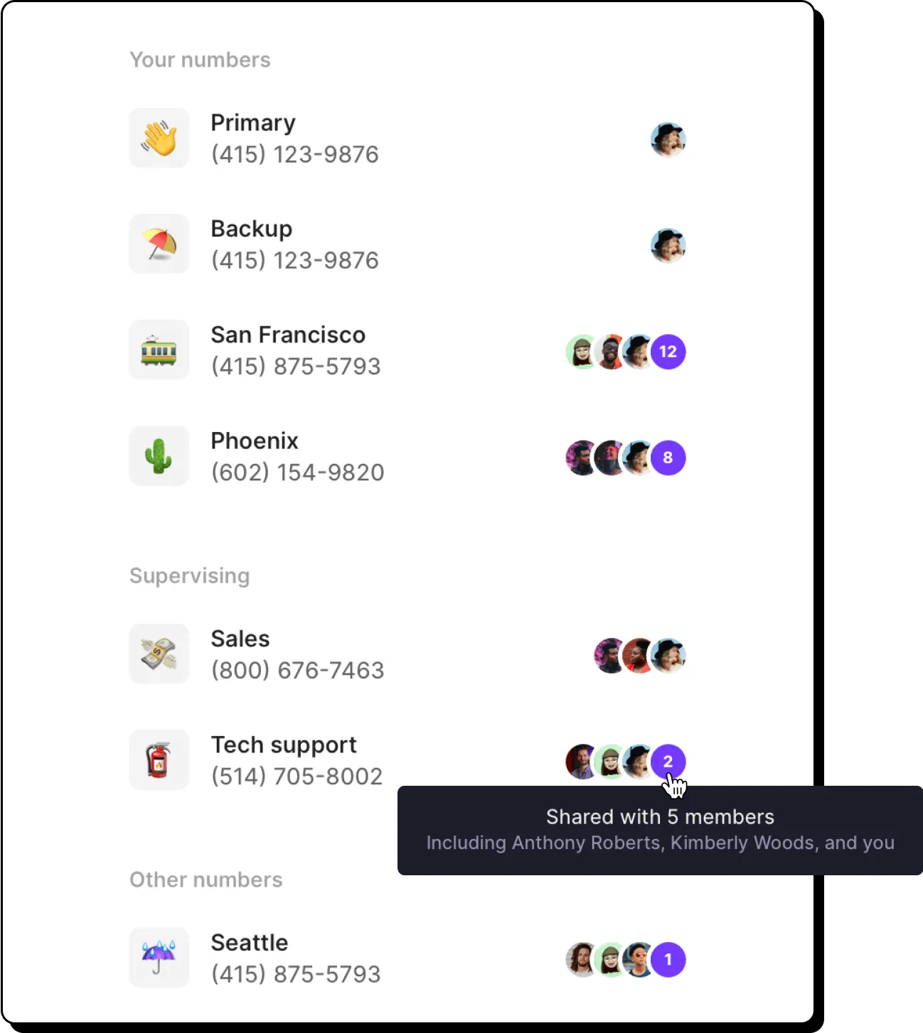 A list of phone numbers including a shared number with five members.