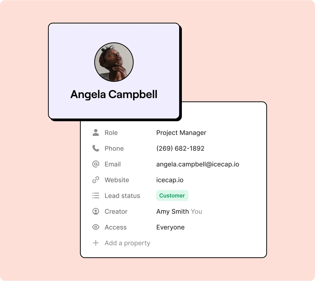 A woman's name and contact information is displayed on a pink background.