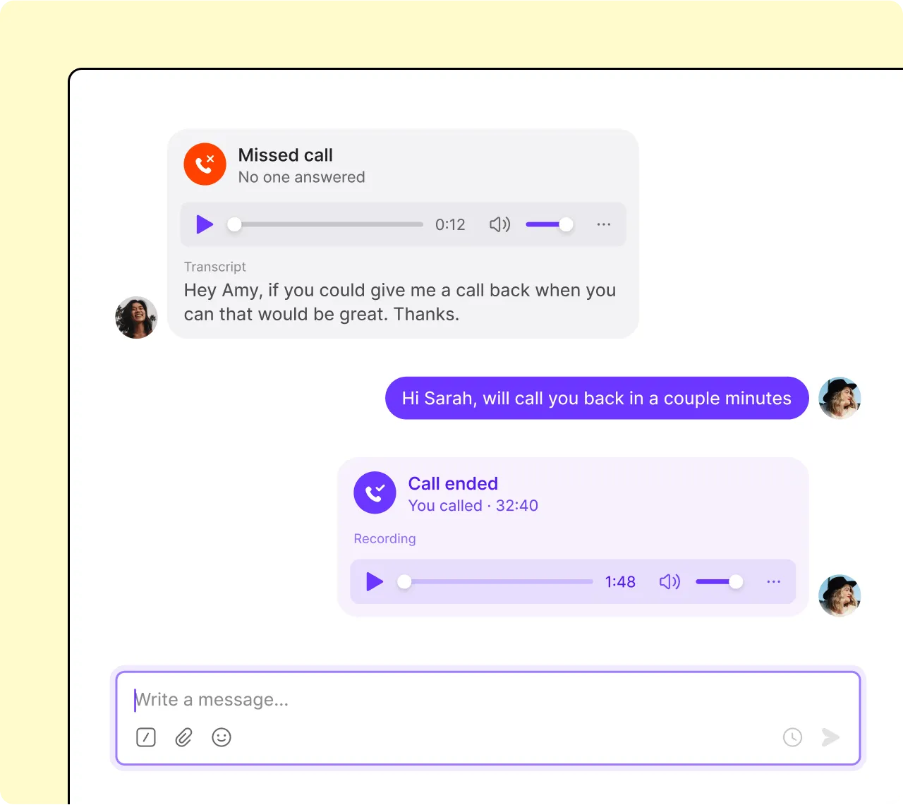 A purple and yellow chat box with a woman's face in it.