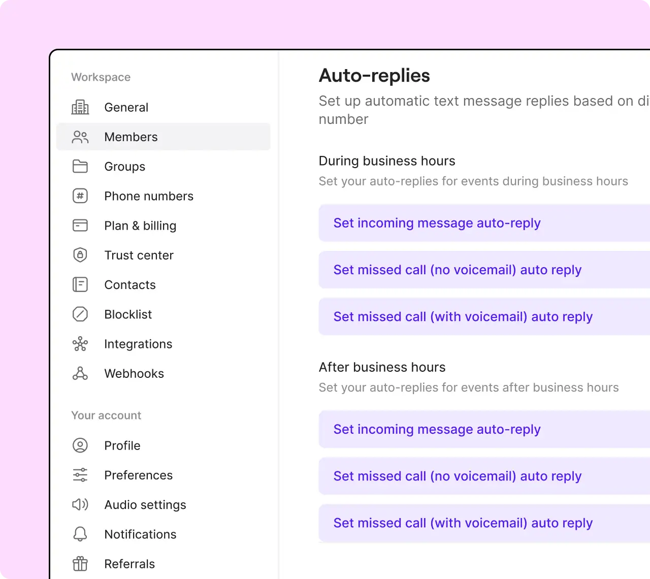 A pink background with a menu of options including auto-replies.
