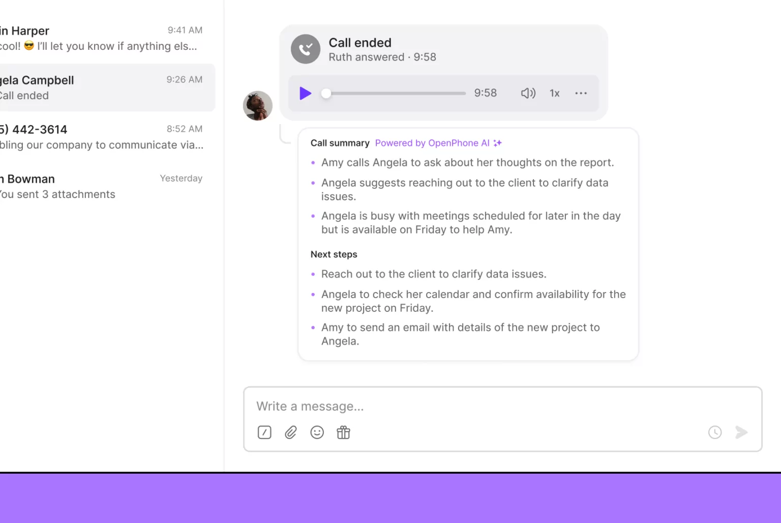 OpenPhone product view of AI call summaries and transcripts