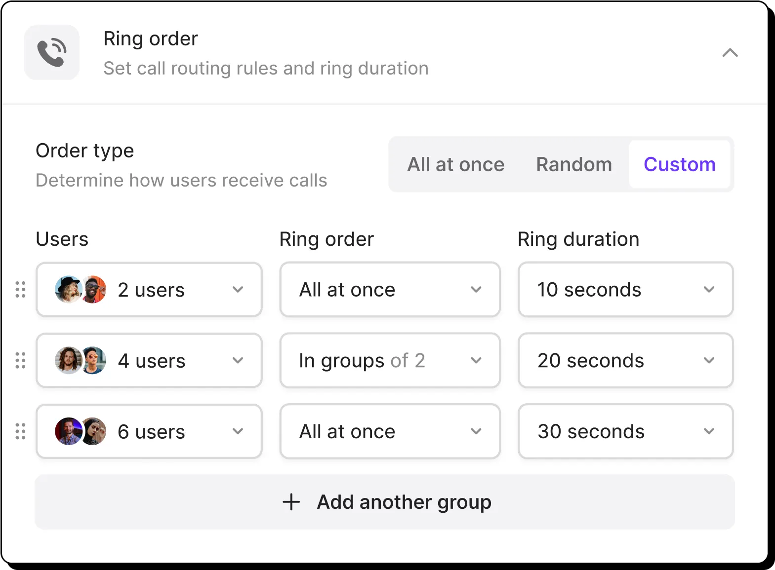 A screen with a group of people and a button that says add another group.