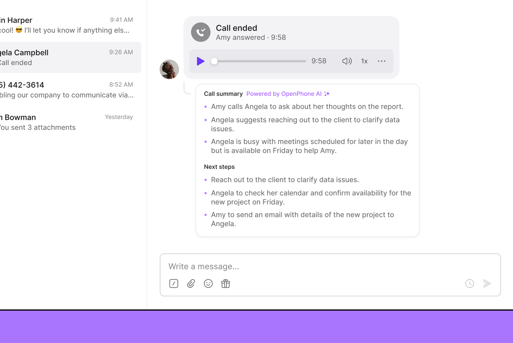 Call transcript from an automatic call recording in OpenPhone