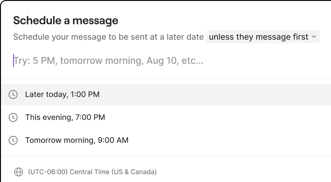 A screenshot of a phone app with a message scheduled for 5:00 pm tomorrow.