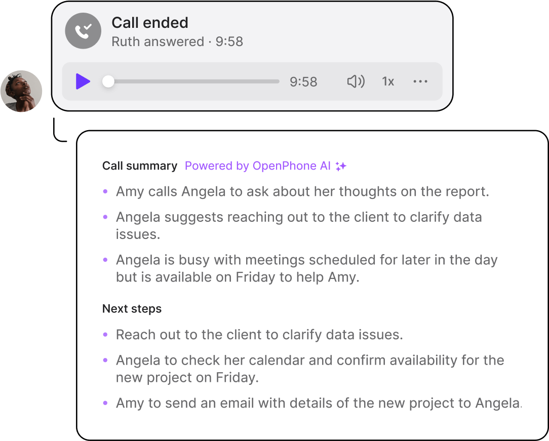A phone call is shown on a screen with a call summary.